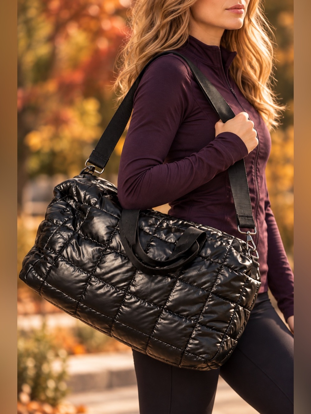 DCSJ Quilted Puffer Gym Bag Black Crossbody Duffel Travel Bag